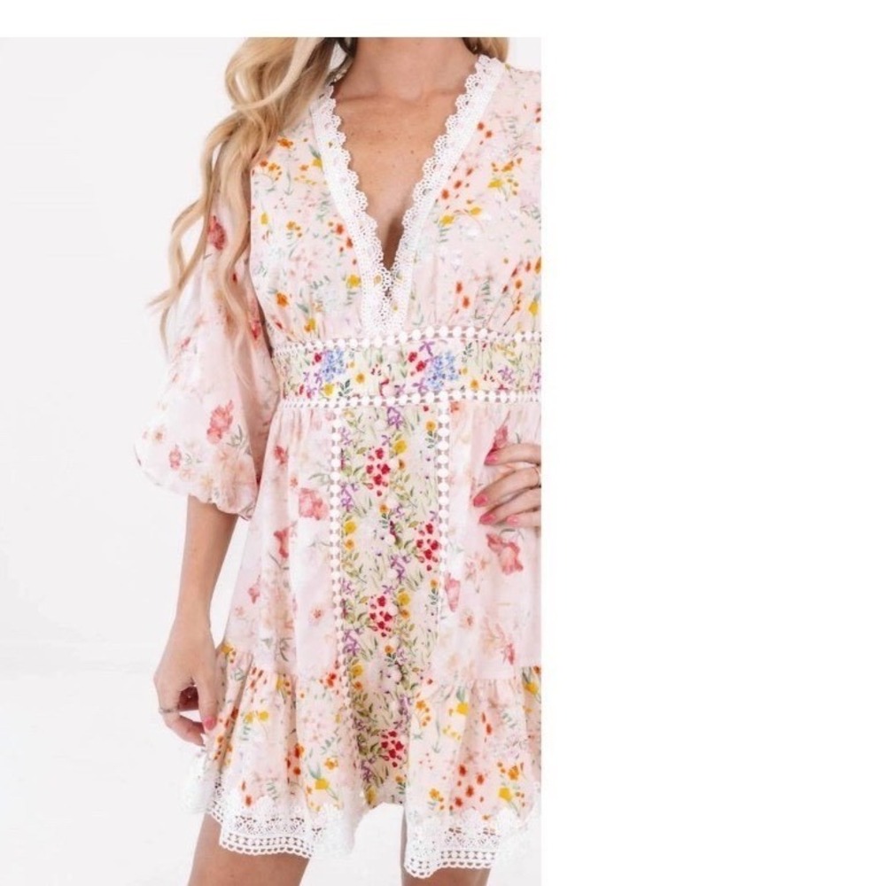 FORE COLLECTION meadow blooms‎ mini dress in multi pink size L cottagecore Lace - Picture 5 of 11